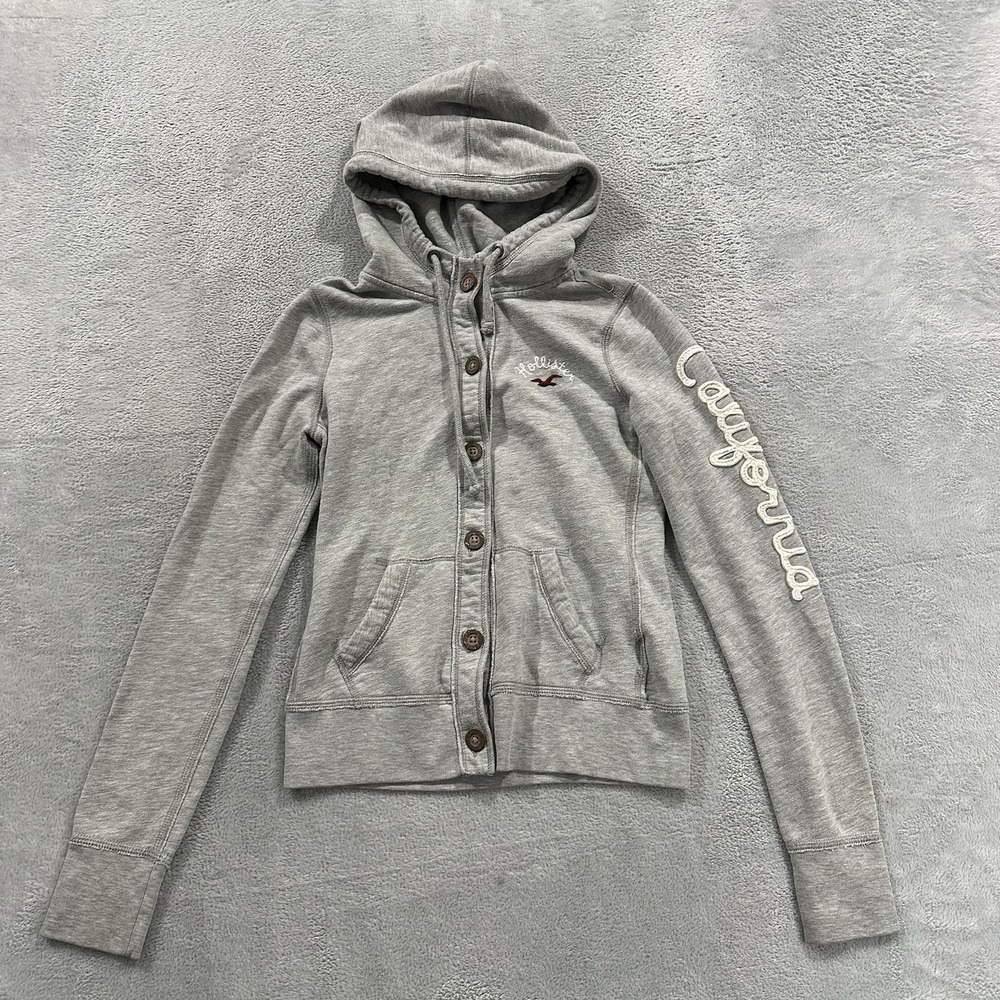 Hollister Button Up Sweater Hoodie Womens M Gray Y2K Grunge Skater Surf Coquette